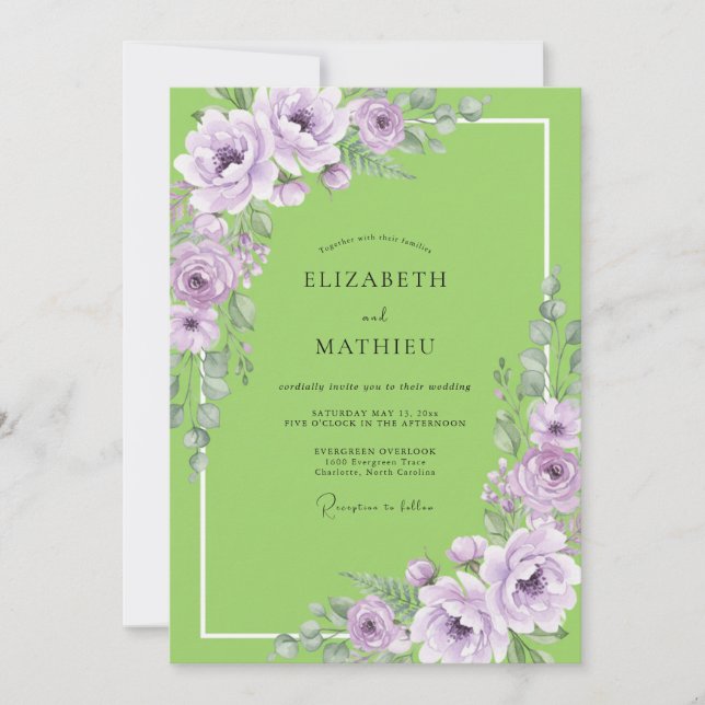 Invitación Boda de ranúnculo de lavanda Chartreuse y eucalipt (Anverso)