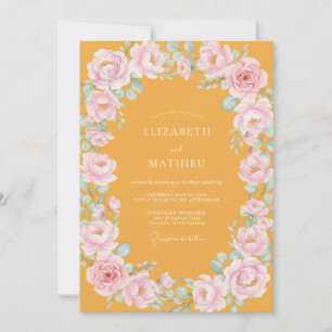 Invitación Boda de Ranúnculo de Melocotón Mostaza y Eucalipto