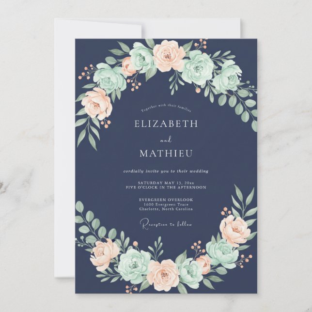 Invitación Boda de ranúnculo de menta de medianoche y eucalip (Anverso)