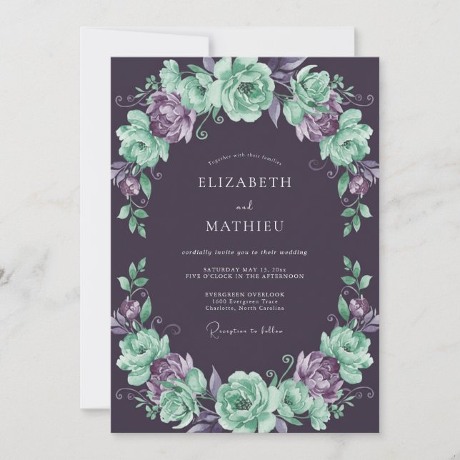 Invitación Boda de Ranúnculo de Menta y Ciruela con Eucalipto (Anverso)