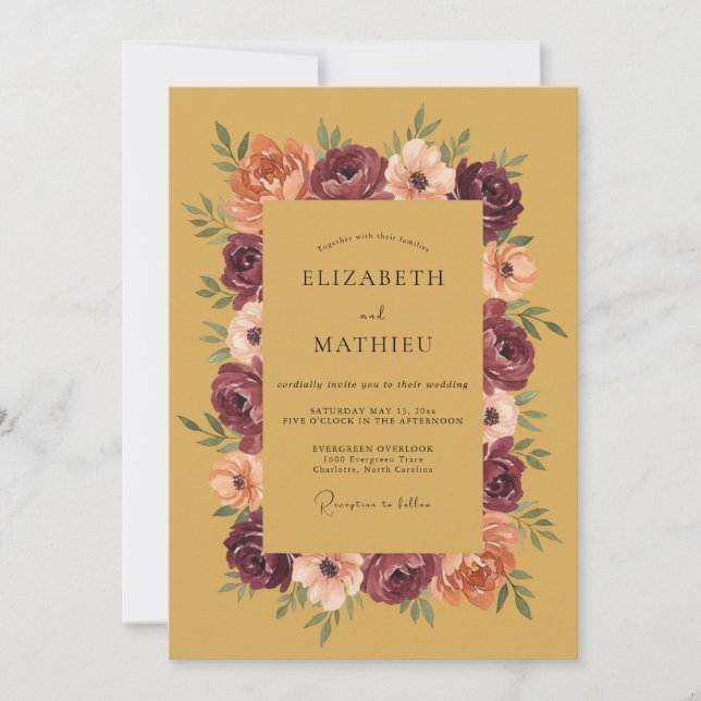 Invitación Boda de ranúnculo de mostaza y eucalipto (Anverso)
