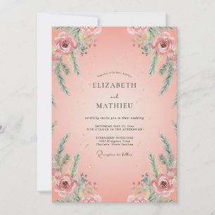 Invitación Boda de ranúnculo de salmón con follaje de eucalip