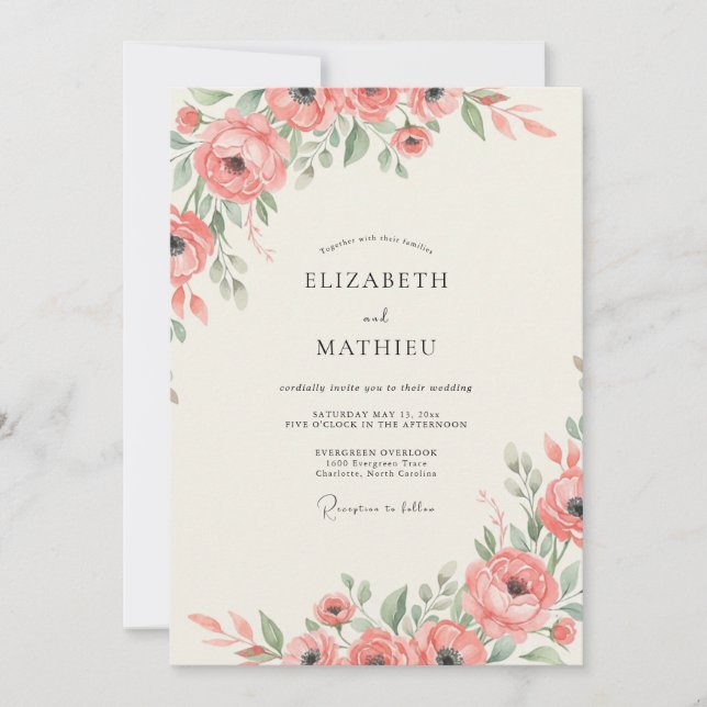Invitación Boda de ranúnculo de salmón y eucalipto (Anverso)