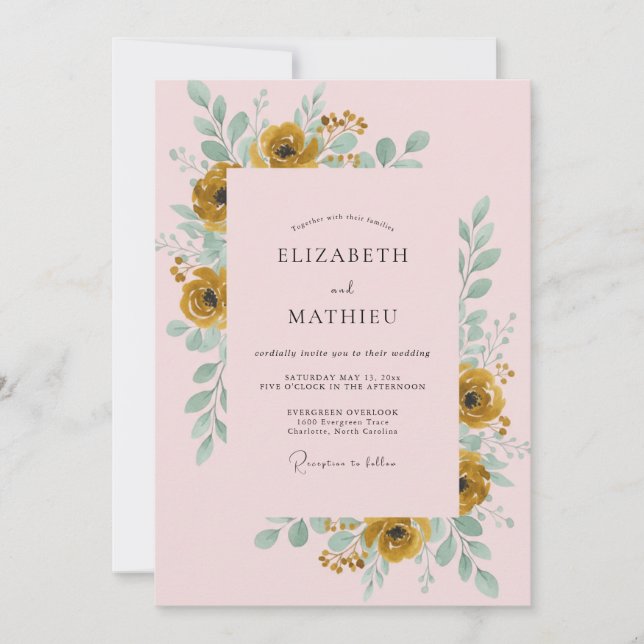 Invitación Boda de Ranúnculo Dorado con Eucalipto Rosa (Anverso)