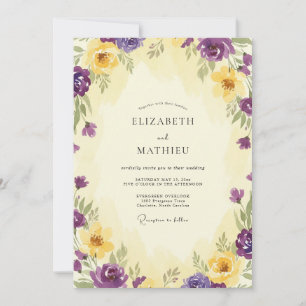 Invitación Boda de ranúnculo dorado violeta con eucalipto apa