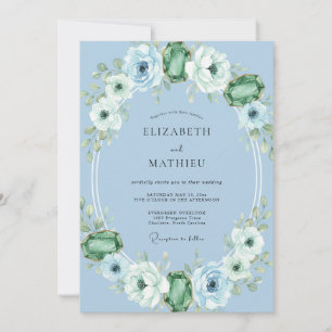 Invitación Boda de ranúnculo esmeralda y aciano con eucalipto