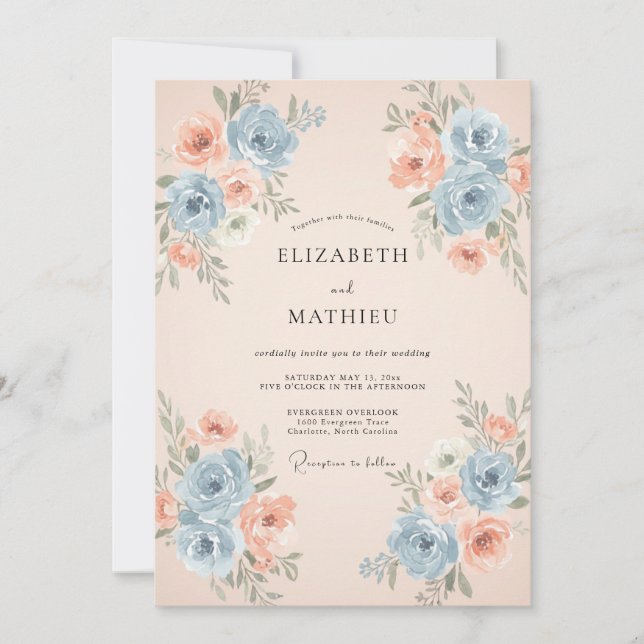 Invitación Boda de ranúnculo eucalipto albaricoque aciano (Anverso)