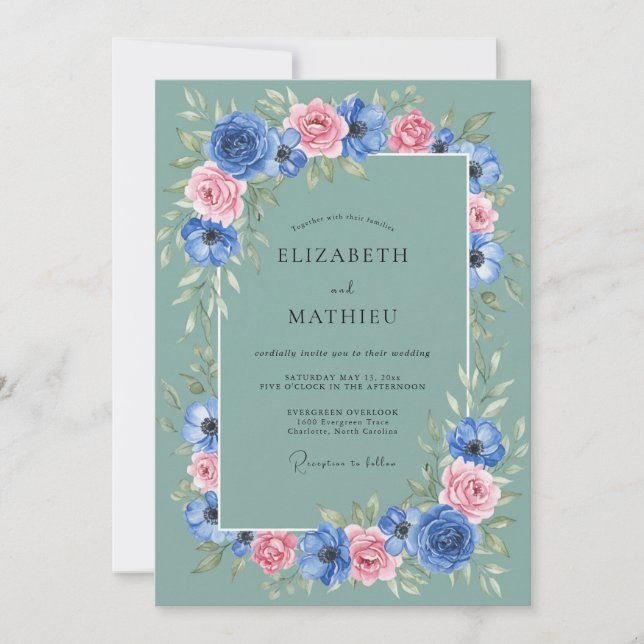 Invitación Boda de ranúnculo eucalipto azul aciano espuma de  (Anverso)