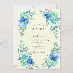 Invitación Boda de ranúnculo eucalipto azul celeste