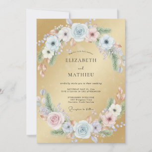 Invitación Boda de ranúnculo eucalipto azul dorado