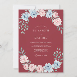 Invitación Boda de ranúnculo eucalipto azul granate