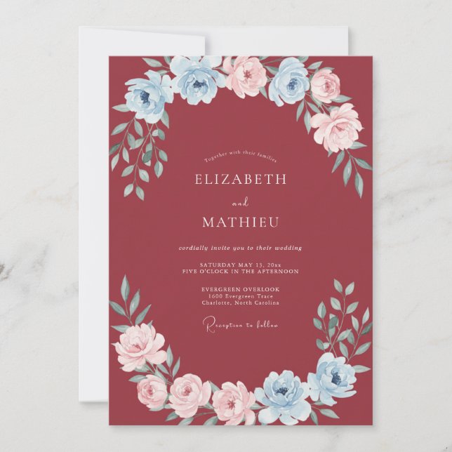 Invitación Boda de ranúnculo eucalipto azul granate (Anverso)