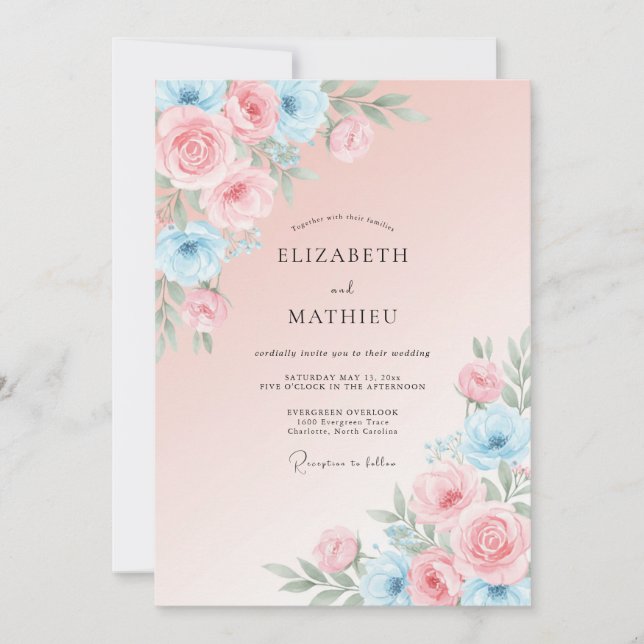 Invitación Boda de Ranúnculo Eucalipto Azul Rubor (Anverso)