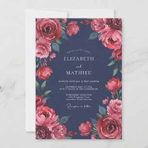 Invitación Boda de ranúnculo eucalipto carmesí índigo