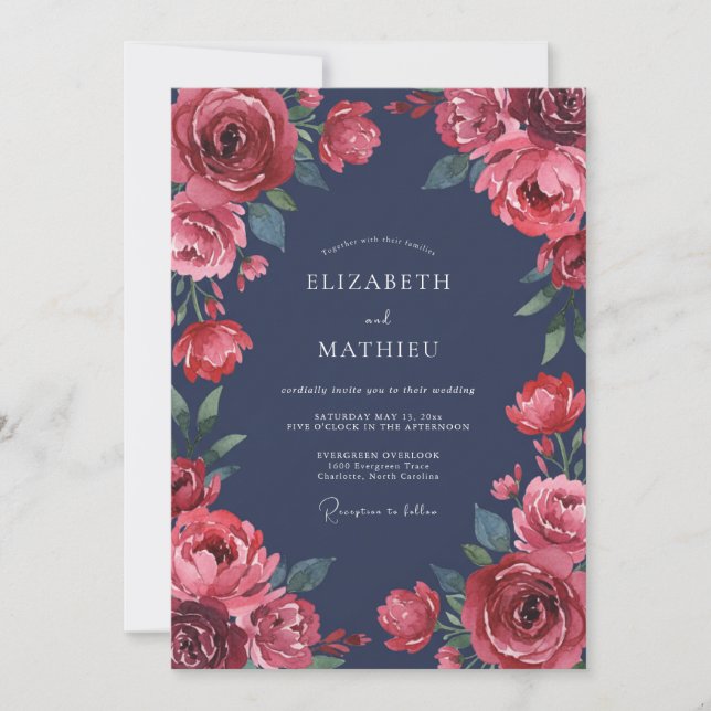 Invitación Boda de ranúnculo eucalipto carmesí índigo (Anverso)
