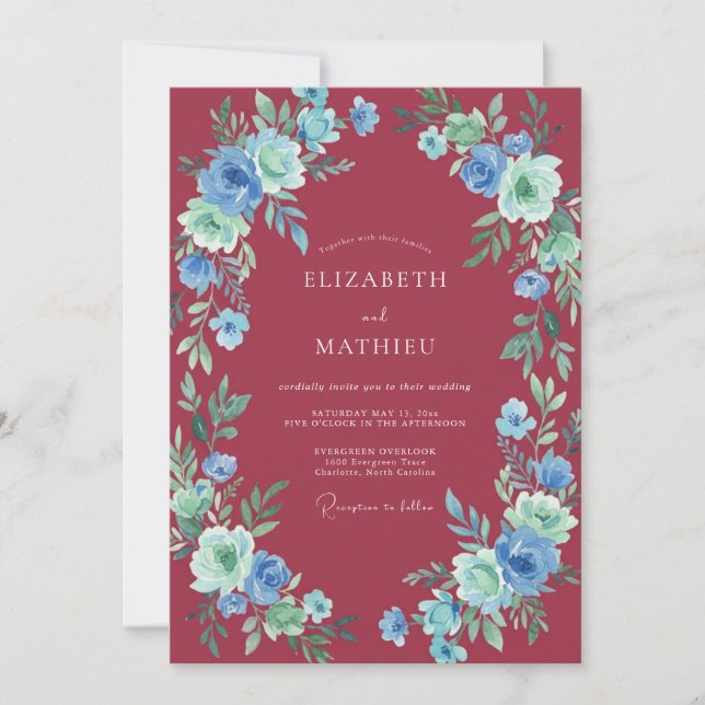 Invitación Boda de ranúnculo eucalipto cerúleo granate (Anverso)