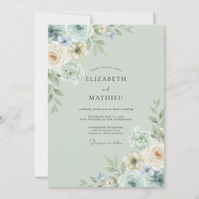 Invitación Boda de ranúnculo eucalipto champán espuma de mar (Anverso)