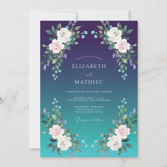 Invitación Boda de Ranúnculo Eucalipto Cian Índigo (Anverso)