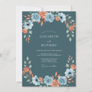 Invitación Boda de ranúnculo eucalipto coral azul verdoso