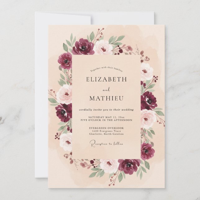 Invitación Boda de ranúnculo eucalipto crema granate (Anverso)