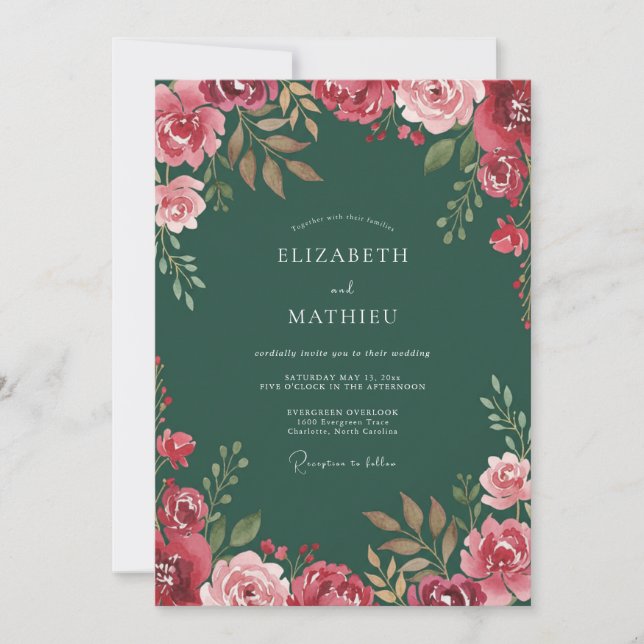 Invitación Boda de ranúnculo eucalipto Crimson Hunter (Anverso)