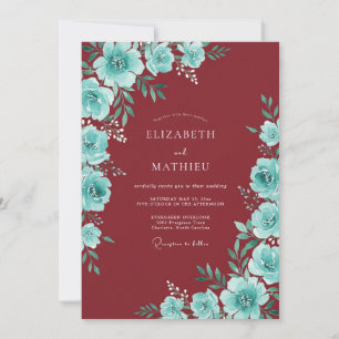 Invitación Boda de ranúnculo eucalipto en color teal y burdeo