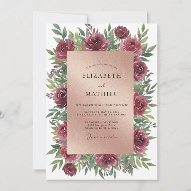 Invitación Boda de ranúnculo eucalipto granate (Anverso)