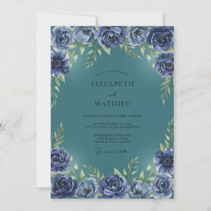 Invitación Boda de ranúnculo eucalipto índigo azul verdoso