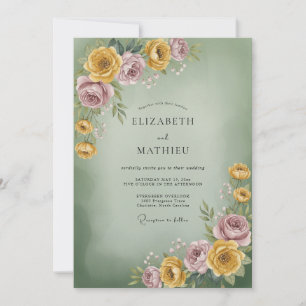 Invitación Boda de ranúnculo eucalipto lila dorado salvia