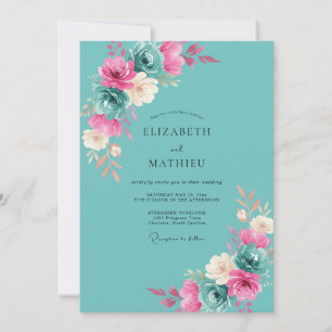 Invitación Boda de ranúnculo eucalipto magenta azul verdoso
