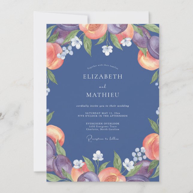 Invitación Boda de Ranúnculo Eucalipto Melocotón Índigo (Anverso)
