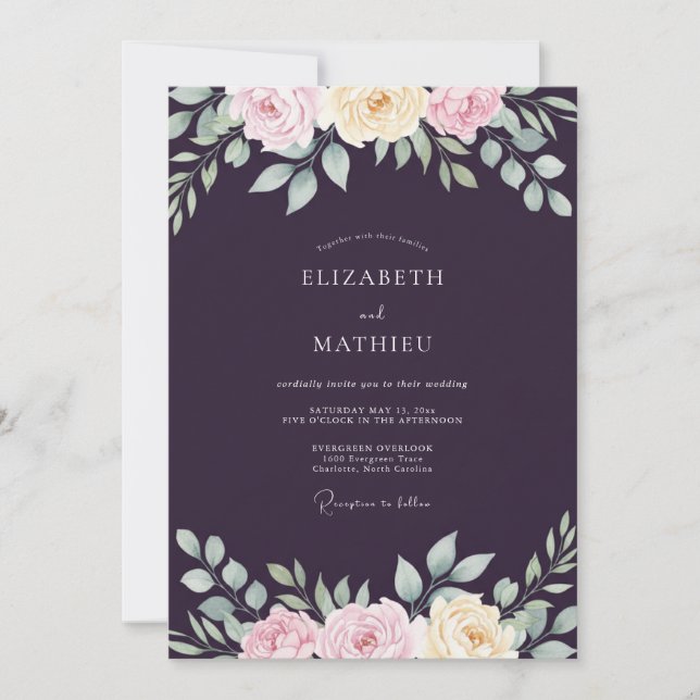 Invitación Boda de ranúnculo eucalipto morado profundo (Anverso)