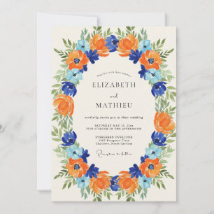 Invitación Boda de ranúnculo eucalipto naranja tangerina azul