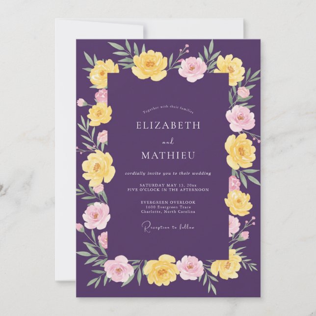 Invitación Boda de ranúnculo eucalipto ocre ciruela (Anverso)