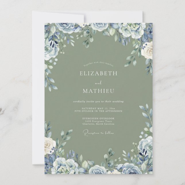 Invitación Boda de ranúnculo eucalipto pizarra oliva (Anverso)