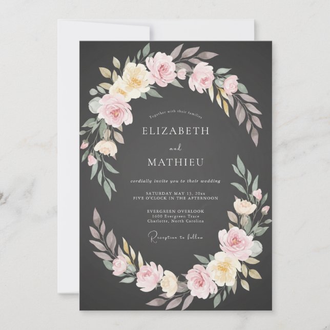 Invitación Boda de ranúnculo eucalipto rosa carbón (Anverso)