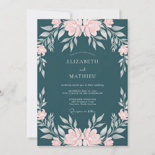 Invitación Boda de ranúnculo eucalipto rosa petróleo