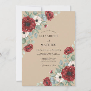 Invitación Boda de ranúnculo eucalipto taupe carmesí