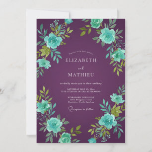 Invitación Boda de ranúnculo eucalipto turquesa ciruela