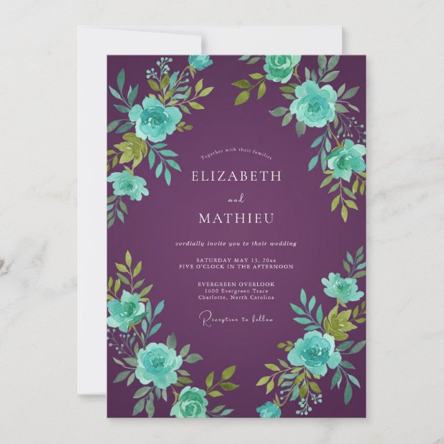 Invitación Boda de ranúnculo eucalipto turquesa ciruela (Anverso)