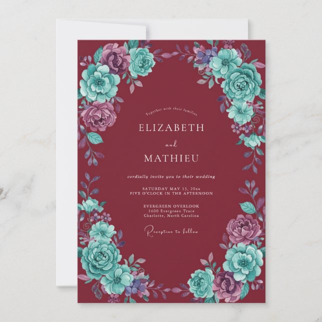 Invitación Boda de ranúnculo eucalipto turquesa granate (Anverso)