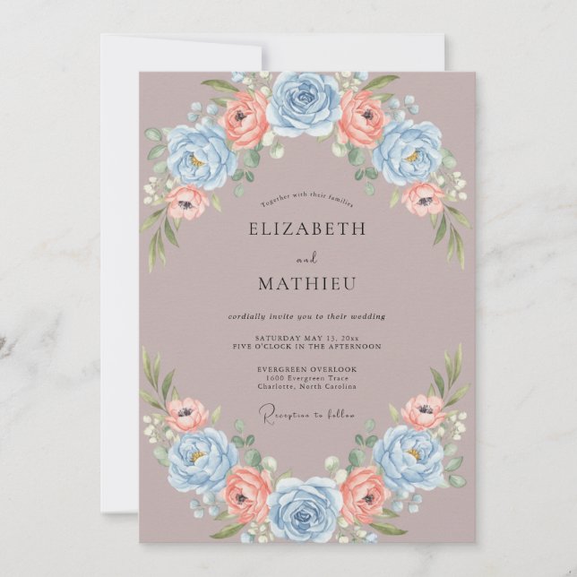 Invitación Boda de ranúnculo eucalipto y flor de aciano malva (Anverso)