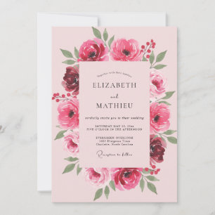Invitación Boda de ranúnculo fucsia con eucalipto suave