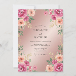 Invitación Boda de ranúnculo fucsia y eucalipto con champán
