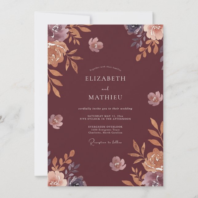 Invitación Boda de ranúnculo granate con eucalipto polvorient (Anverso)