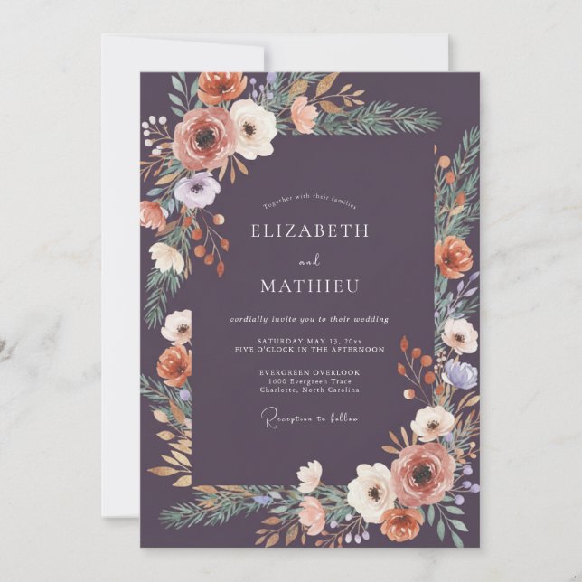 Invitación Boda de ranúnculo gris eucalipto ciruela profundo (Anverso)