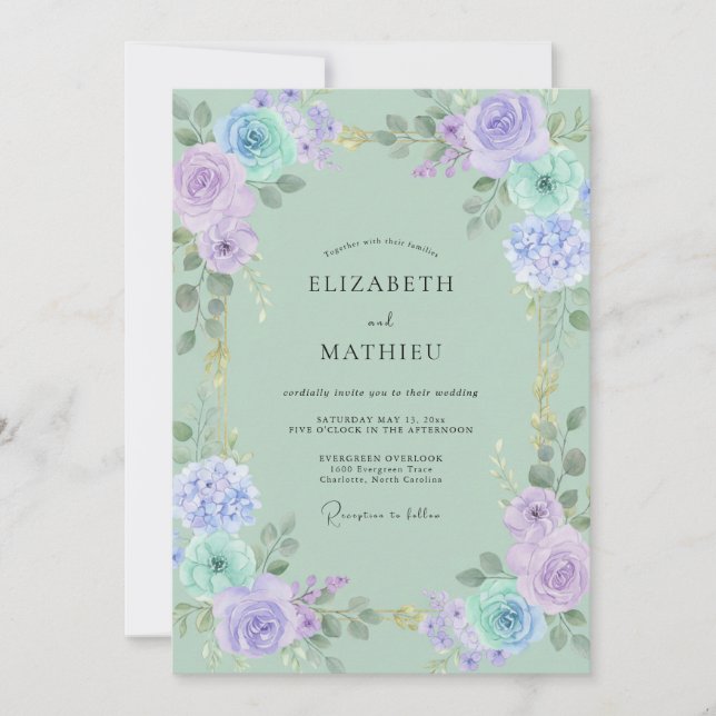 Invitación Boda de ranúnculo gris eucalipto menta pervinca (Anverso)