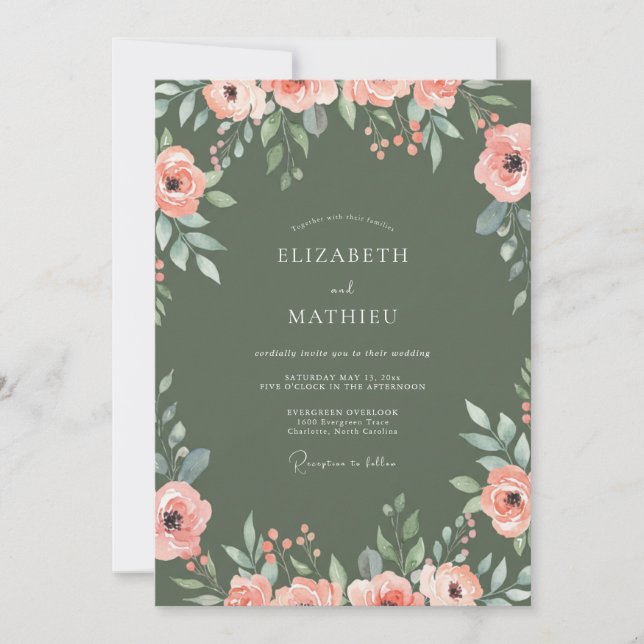 Invitación Boda de Ranúnculo Melocotón Musgo (Anverso)