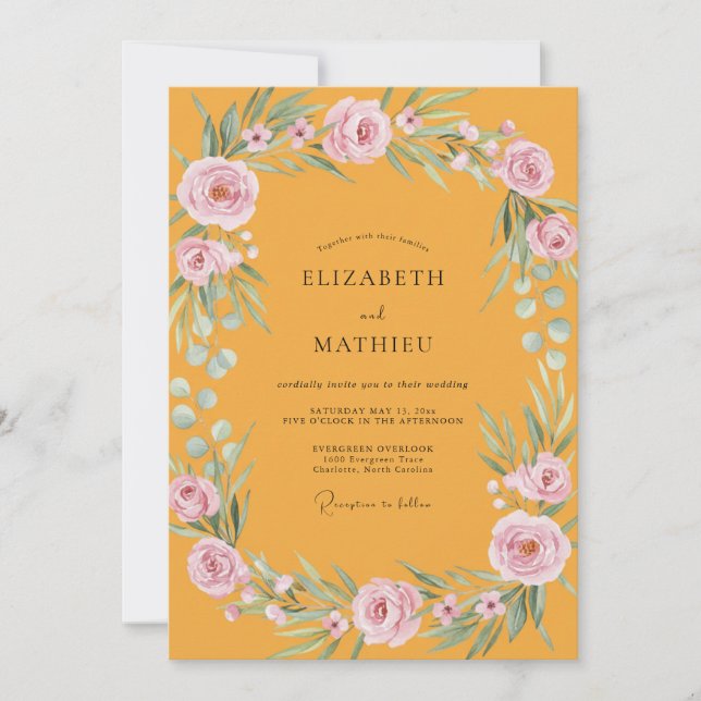 Invitación Boda de ranúnculo rosa caléndula eucalipto (Anverso)