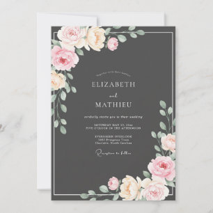 Invitación Boda de ranúnculo rosa pétalo de carbón vegetal y 